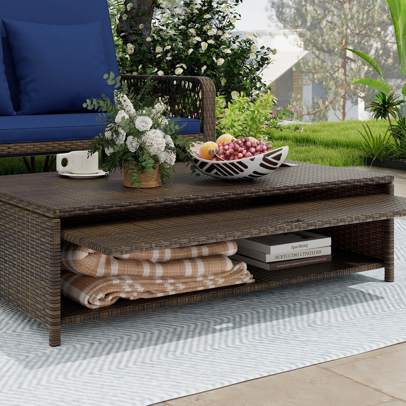 Patio Rattan Daybed Wicker Loveseat Sofa with Multifunctional Ottoman