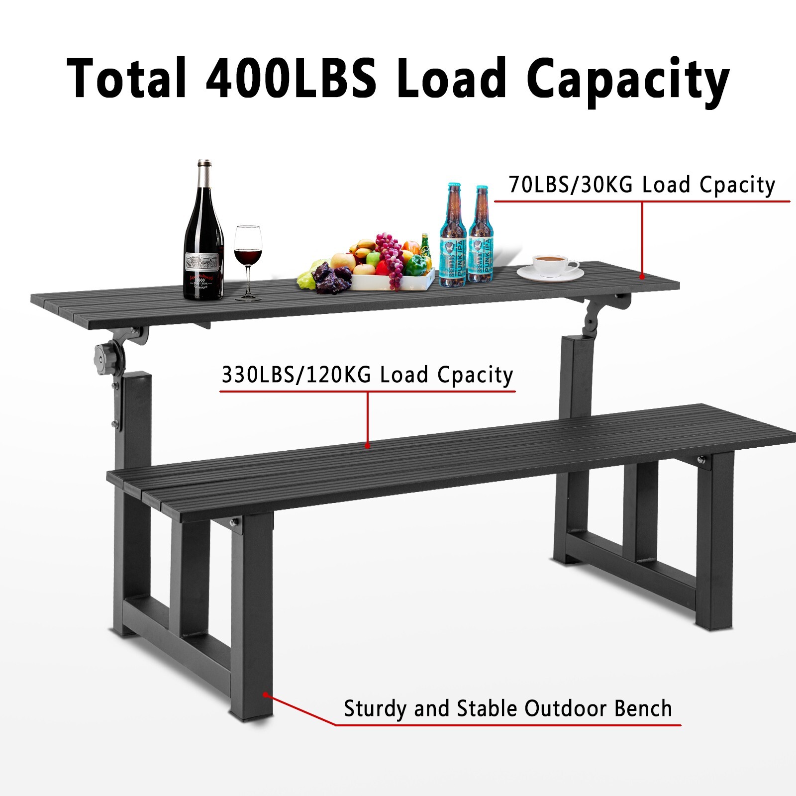 TECSPACE All New Aluminum Black Outdoor Convertible Bench All-in-one Table&Bench