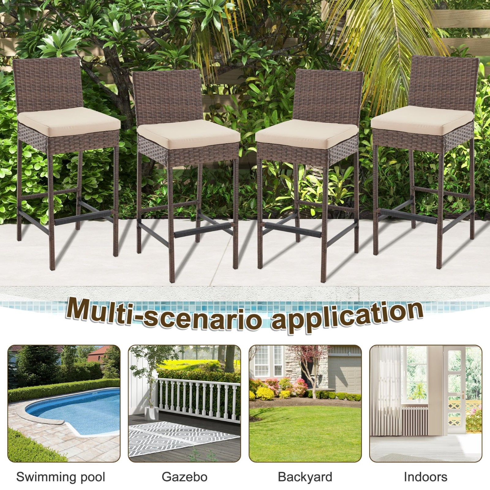 Outdoor Bar Stools Set of 4, Wicker Patio Chairs with Cushions, Brown, Patio