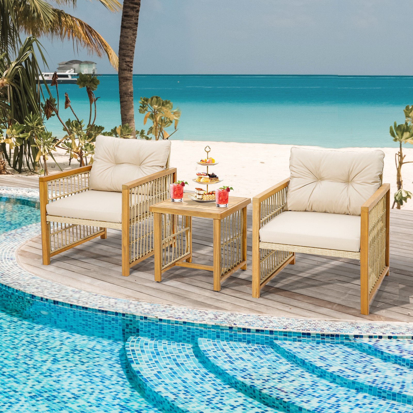 3PCS Patio PE Wicker Conversation Set Acacia Wood Frame W/Seat & Back Cushions