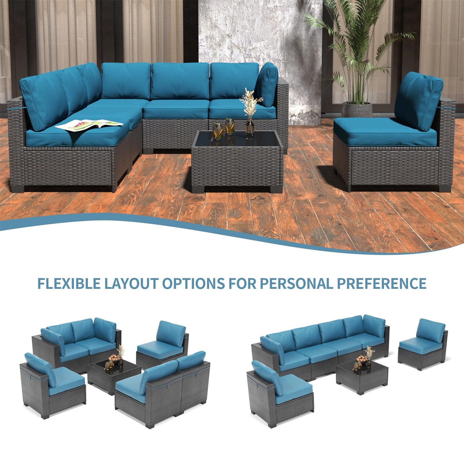 7-Piece Outdoor Patio Furniture Set PE Rattan Wicker Sectional Modular Sofa Set