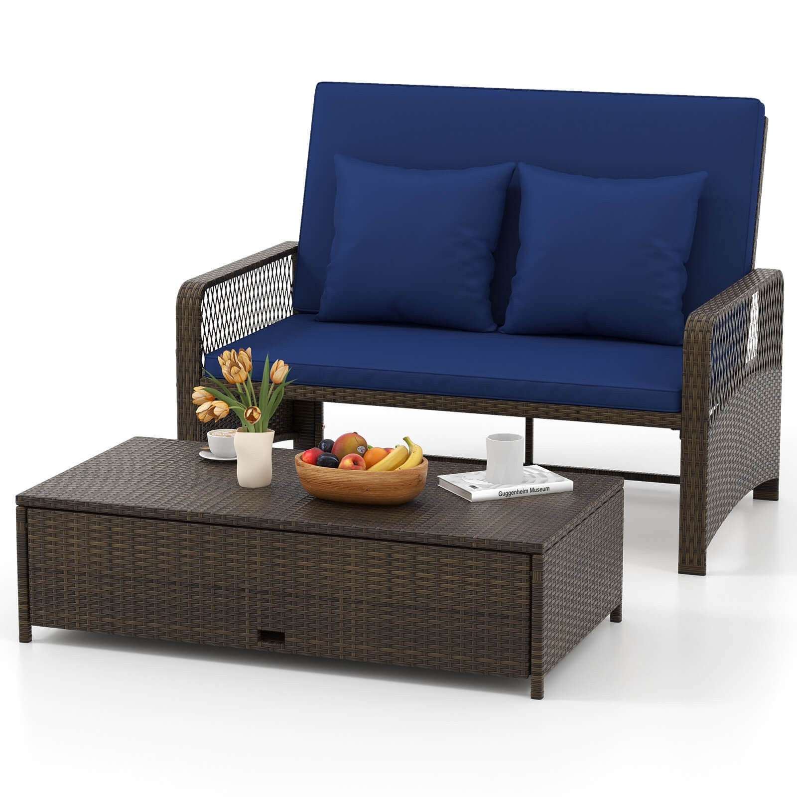 Patio Rattan Daybed Wicker Loveseat Sofa with Multifunctional Ottoman
