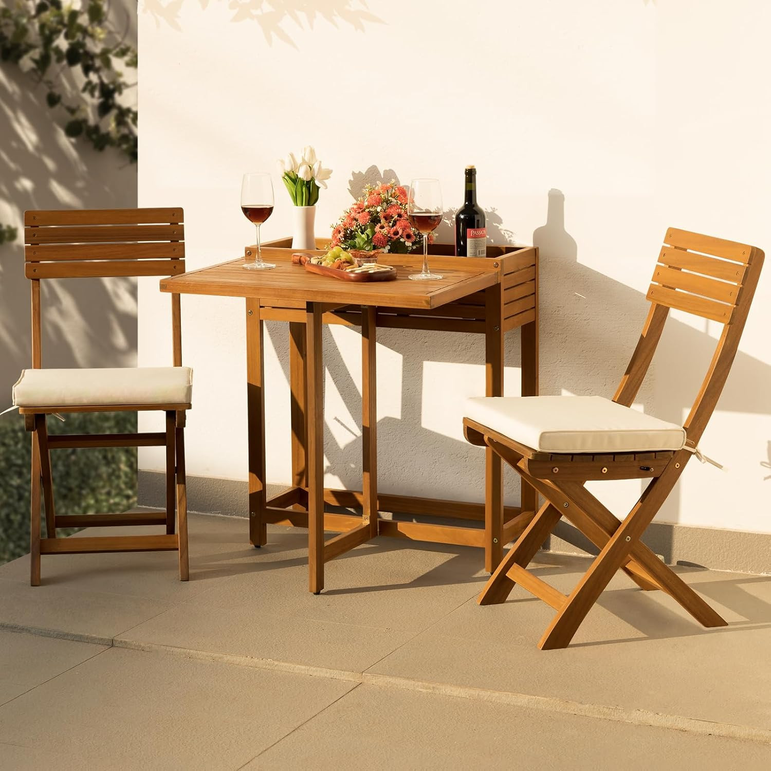 Natural 3-Piece Bistro Set: Foldable 400Lbs Chairs, 220Lbs Shelf Table, FSC Acac