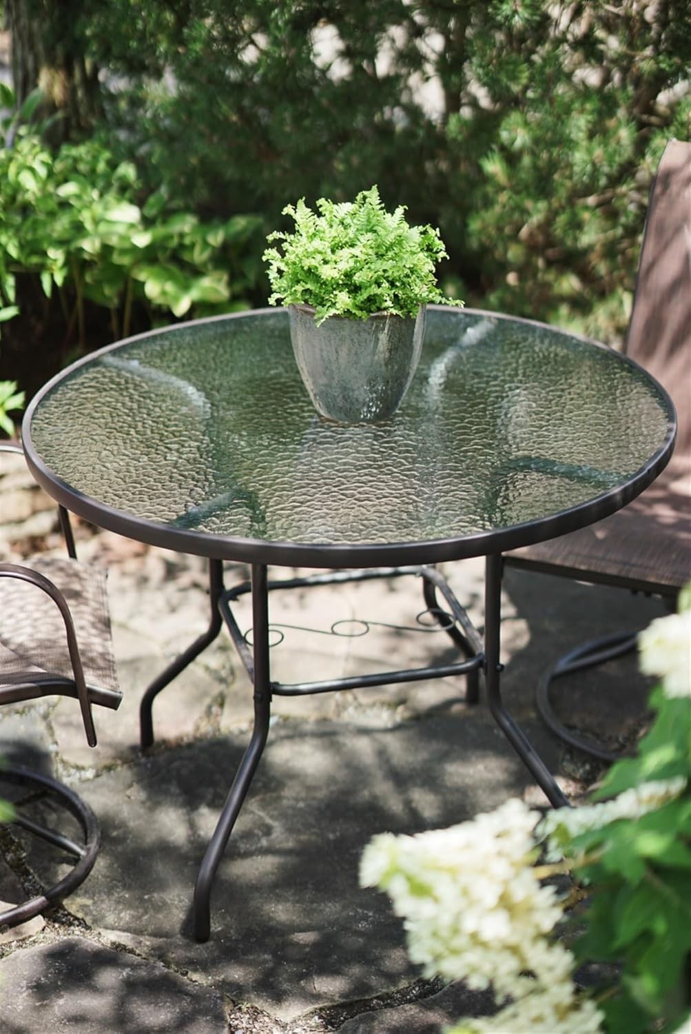 40in Outdoor Patio Dining Table Water Wave Glass Top Steel Frame Brown