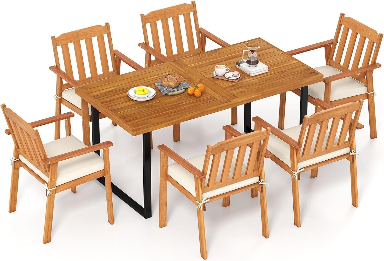 3 Pieces Patio Dining Table Set 63” Rectangle Acacia Wood Table W/ Umbrella Hole
