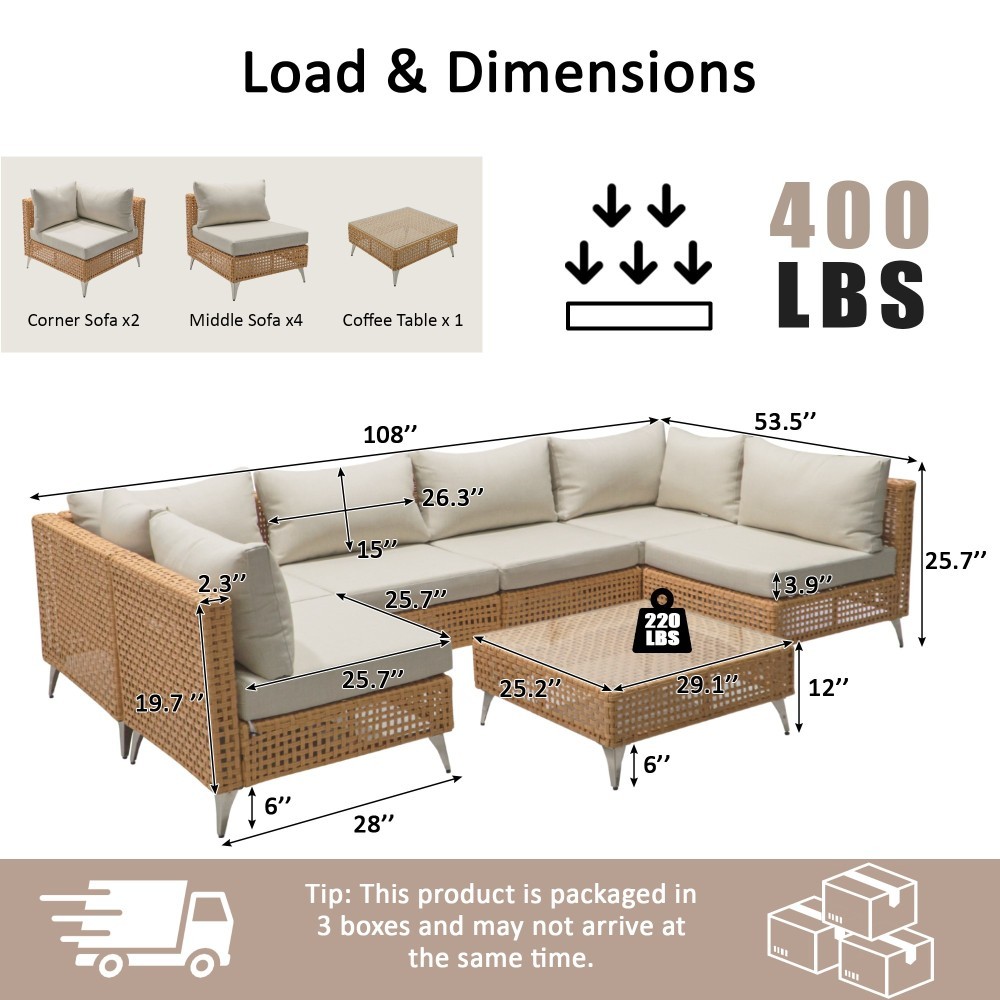 7Pcs Wicker Patio Furniture Set Sectional Sofa Water Resistant Cushions Table