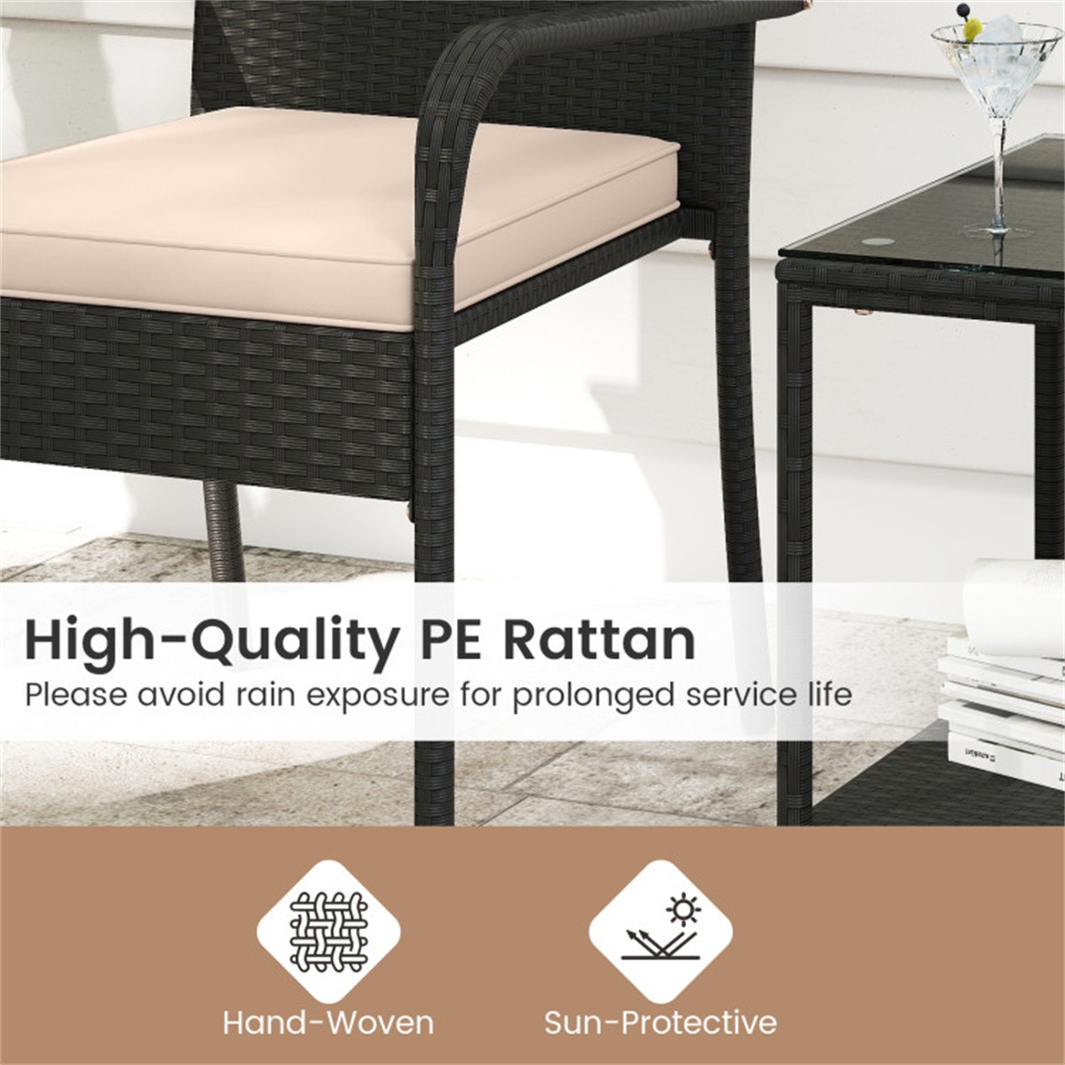 3 Piece Patio PE Wicker Bistro Set 2-Tier Side Table Outdoor Chair Set