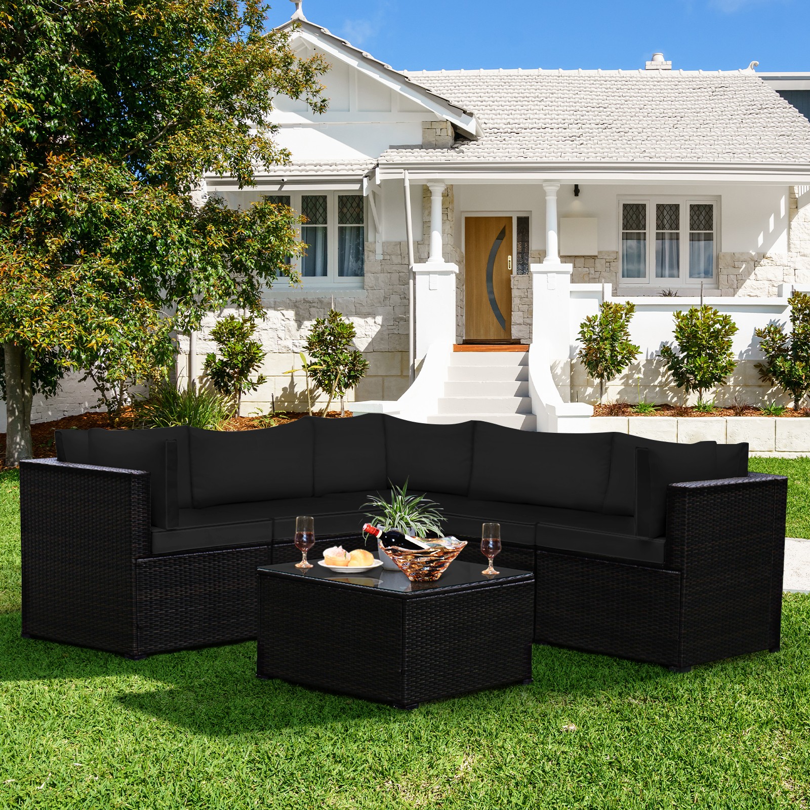 Patiojoy Patio Rattan Furniture Set 6PCS Sectional Cushioned Sofa Deck Black