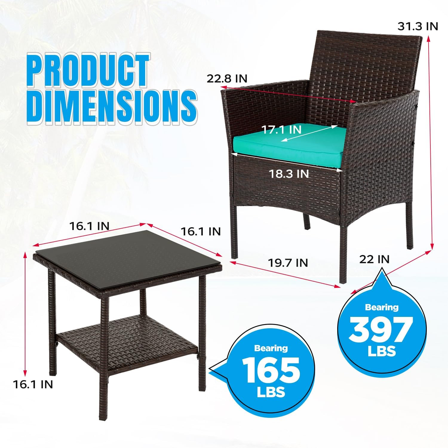 | 3-Piece Patio Furniture Set | Brown & Blue | Outdoor Wicker Furniture with Cof