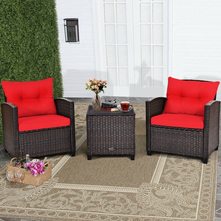 3 Pieces Outdoor Patio Sofa PE Rattan Wicker Furniture Conversation Set Cushion