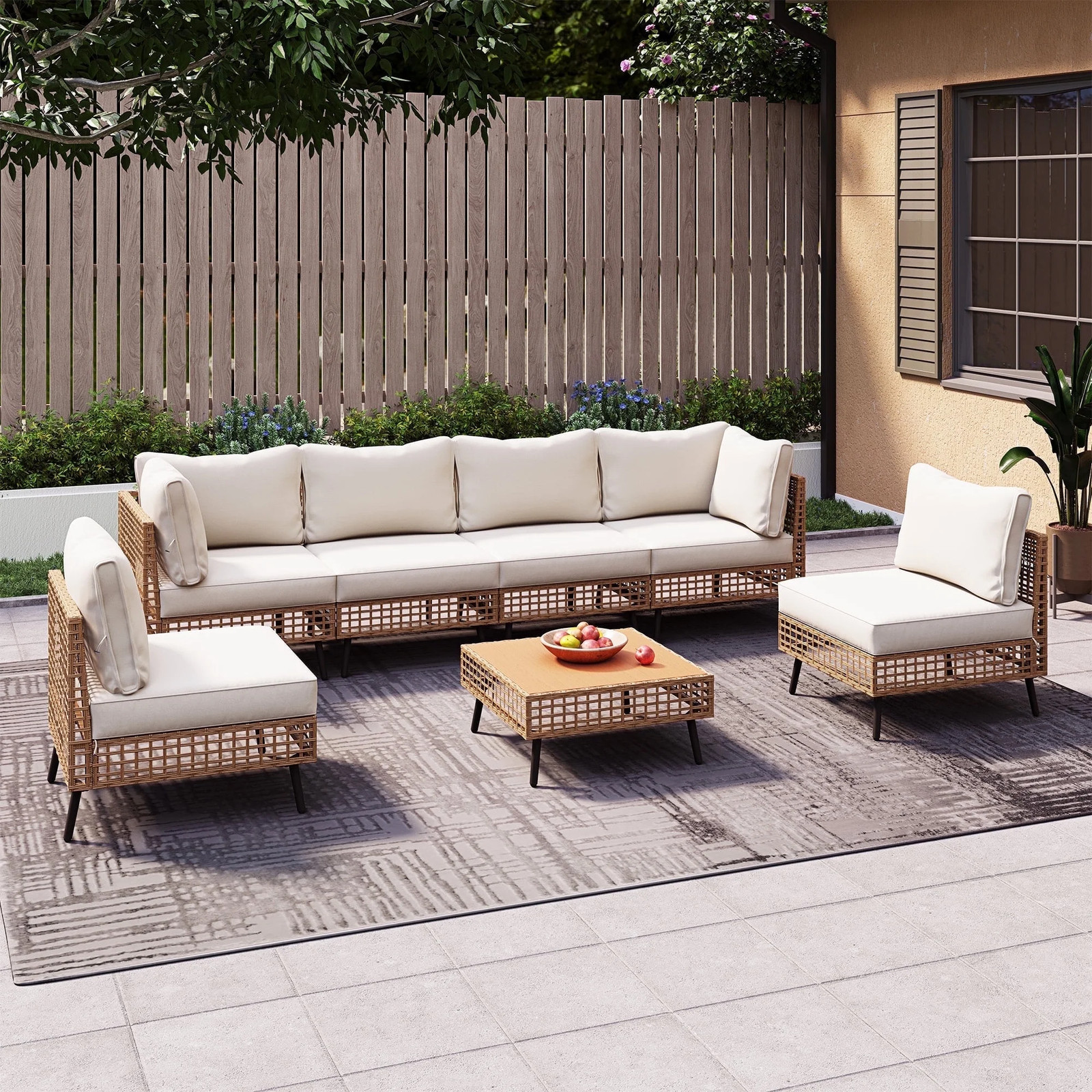 LAUSAINT HOME 7-Piece Wicker Patio Furniture Set Sectional Sofa Beige
