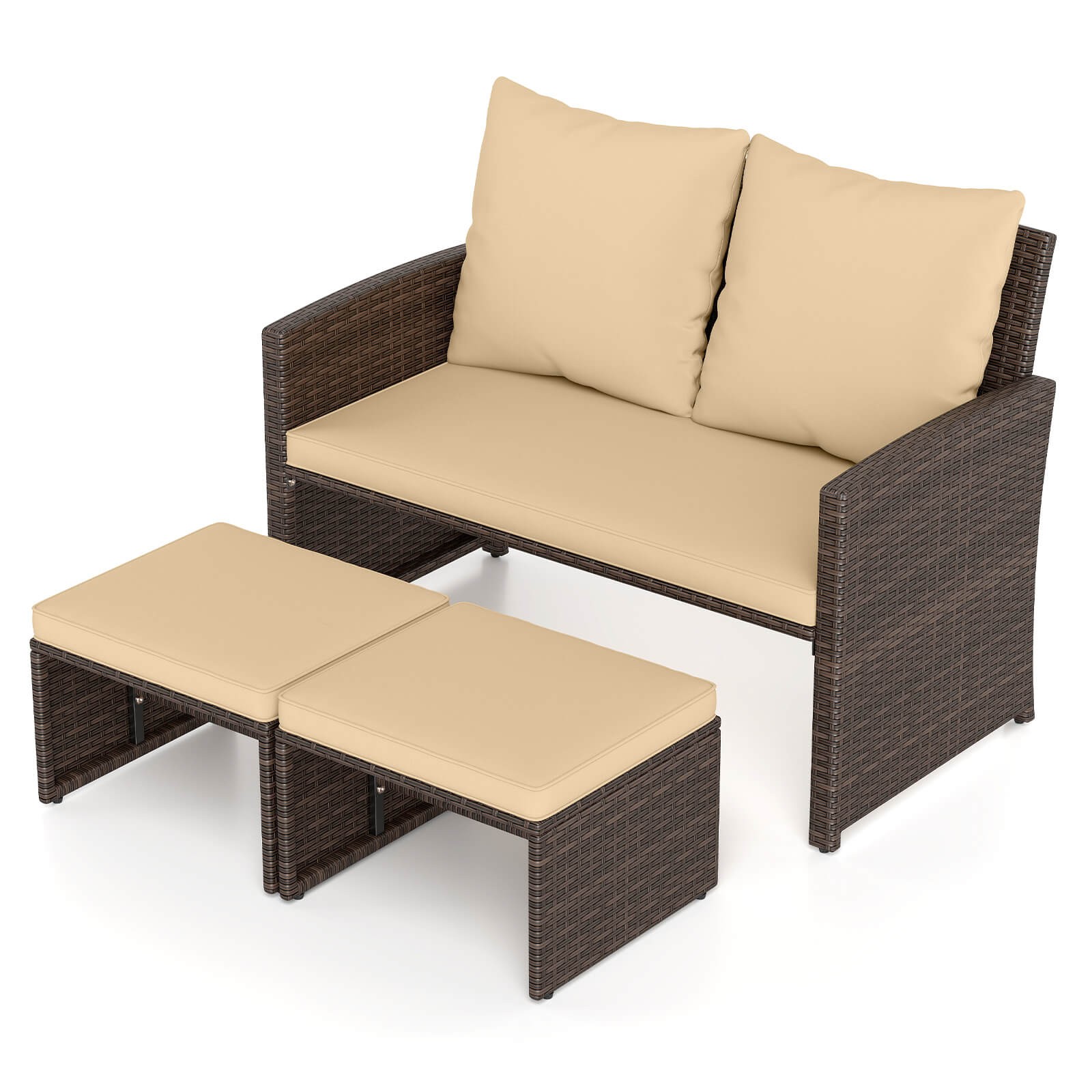 Outdoor Loveseat w/ Ottomans, 3 Pieces Patio PE Wicker Furniture Set w/ Cushions