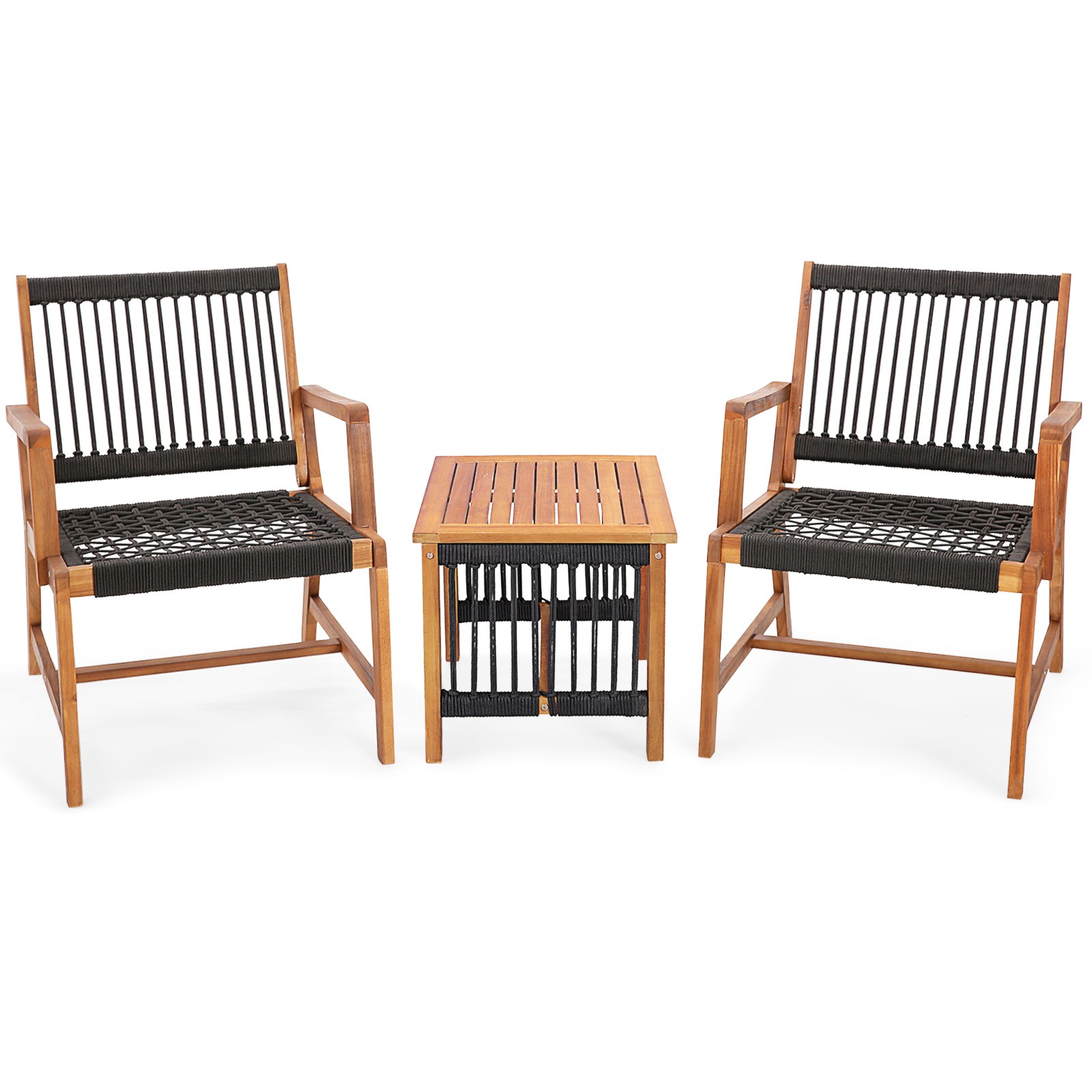 3pcs Patio Acacia Wood Outdoor Furniture Bistro Set All-Weather Rope Woven