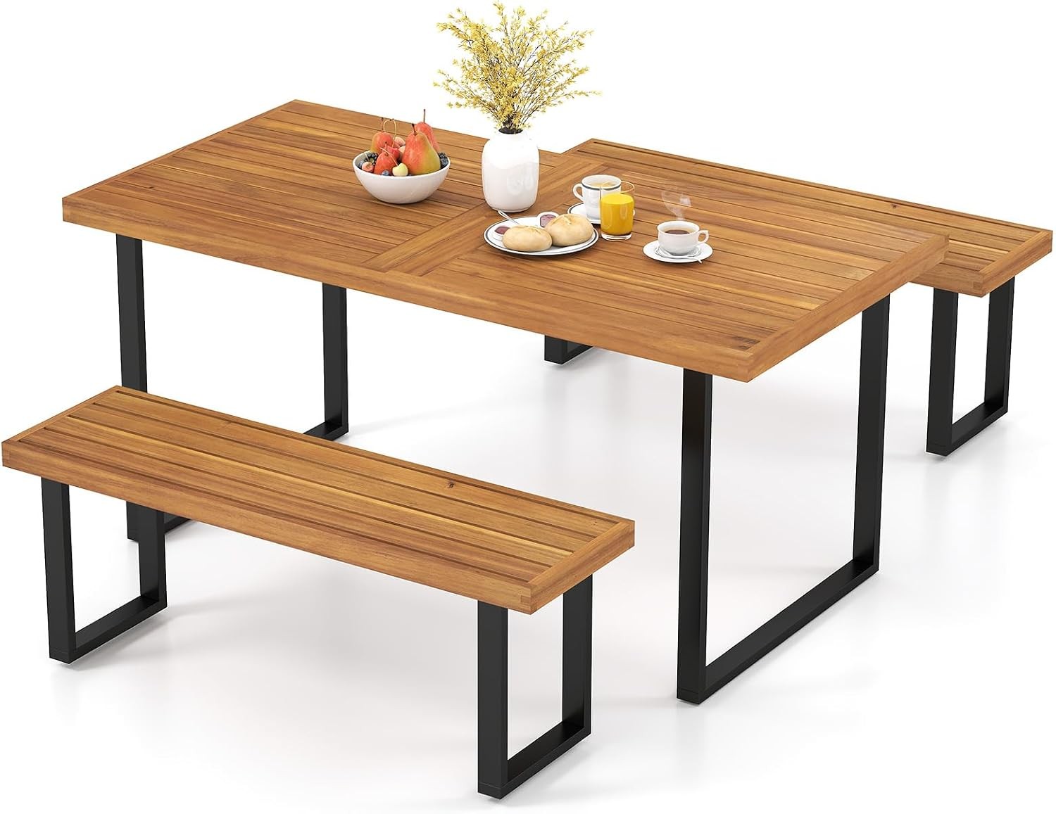 3 Pieces Patio Dining Table Set 63” Rectangle Acacia Wood Table W/ Umbrella Hole
