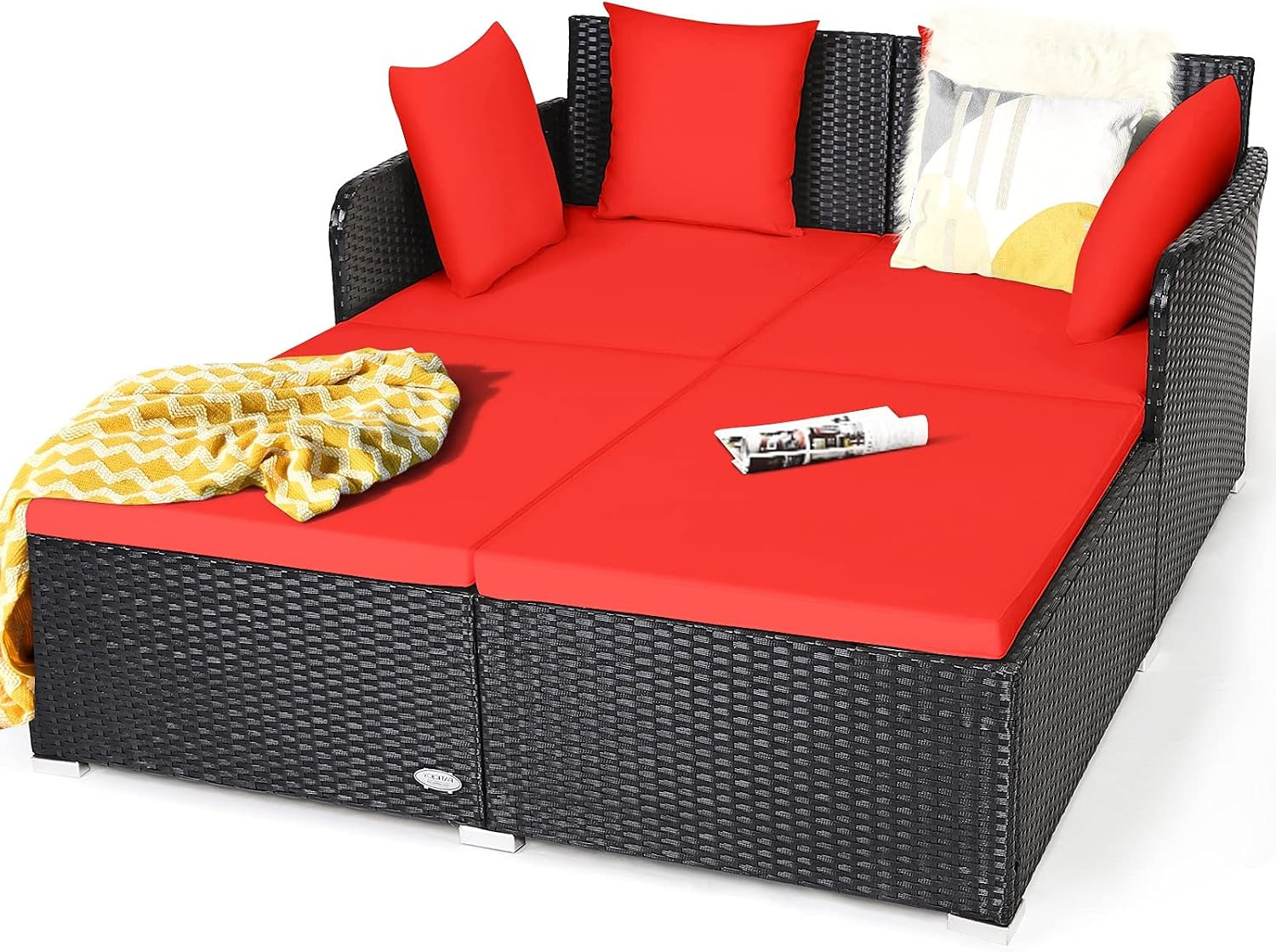 HAPPYGRILL Outdoor Rattan Daybed, Patio Sunbed Sofa Set with Cushion & Pillows,