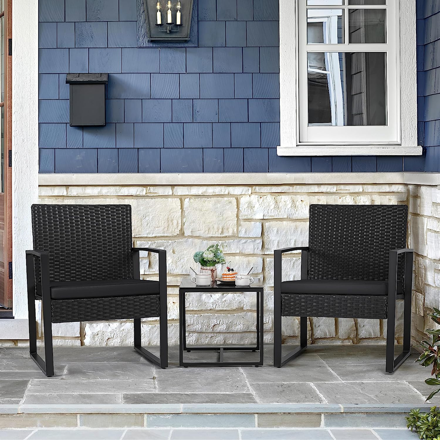 3 Pieces Outdoor Patio Wicker Furniture Set, Modern Rattan Chair Conversation Se