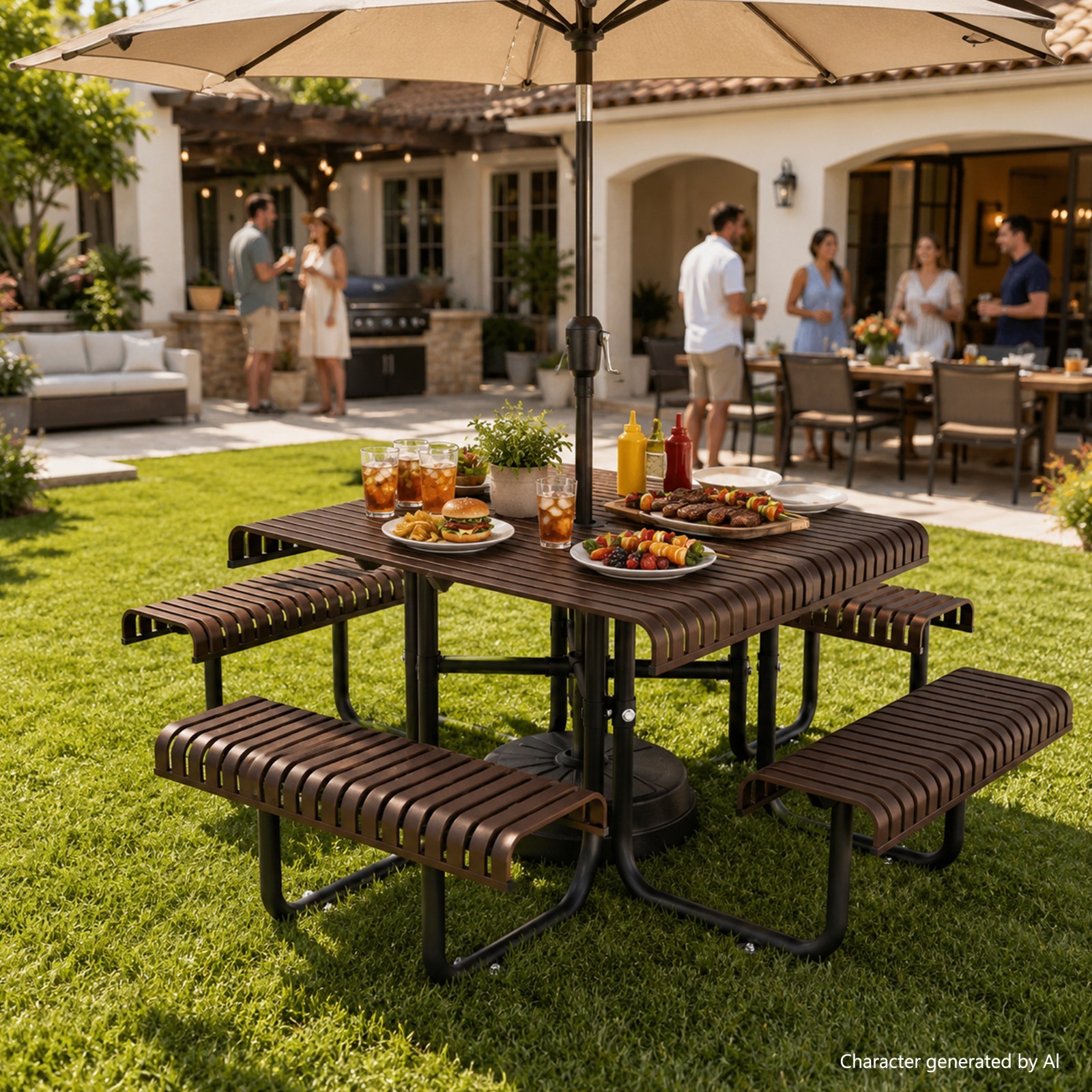Outdoor 8-person Square Picnic Table Bench Set w/ 4 Benches & Umbrella Hole