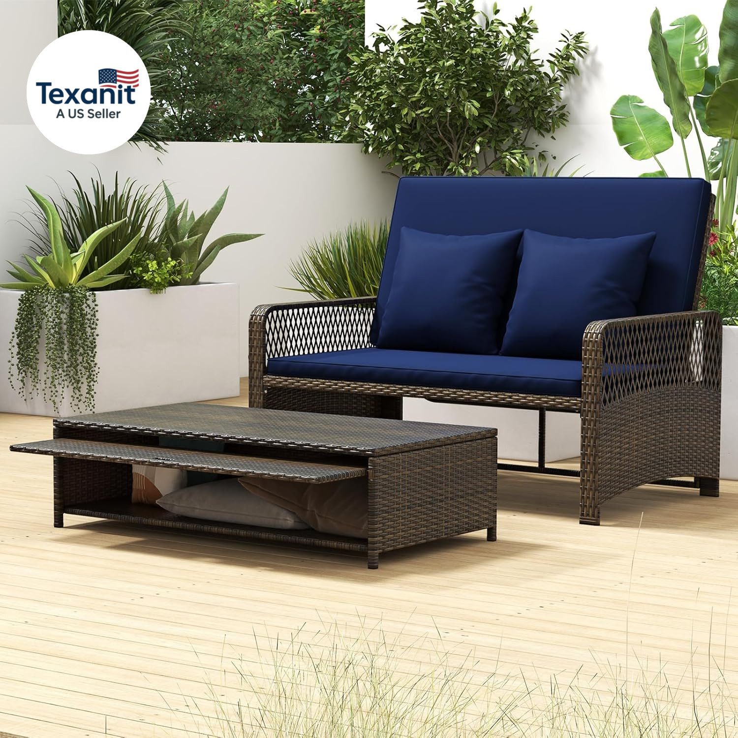 Patio Rattan Daybed with 4-Level Adjustable Backrest, 2-Person Outdoor Wicker Lo