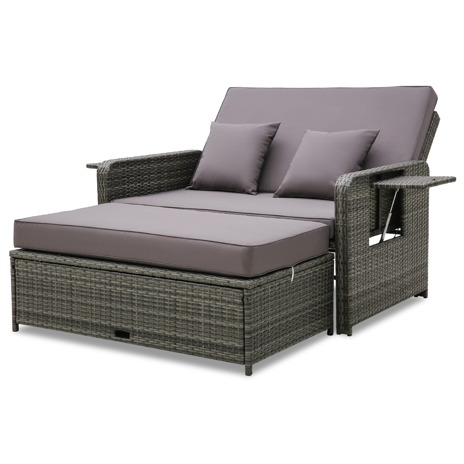 Patio Rattan Daybed Set Wicker Loveseat Sofa w/ Ottoman & Retractable Side Tray