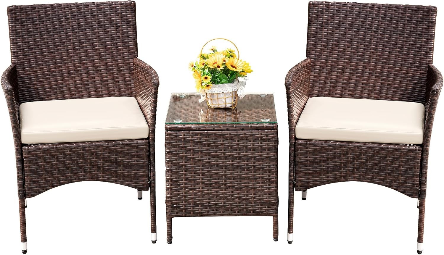 Devoko Patio Porch Furniture 3 Pieces PE Rattan Chairs with Table Brown Beige