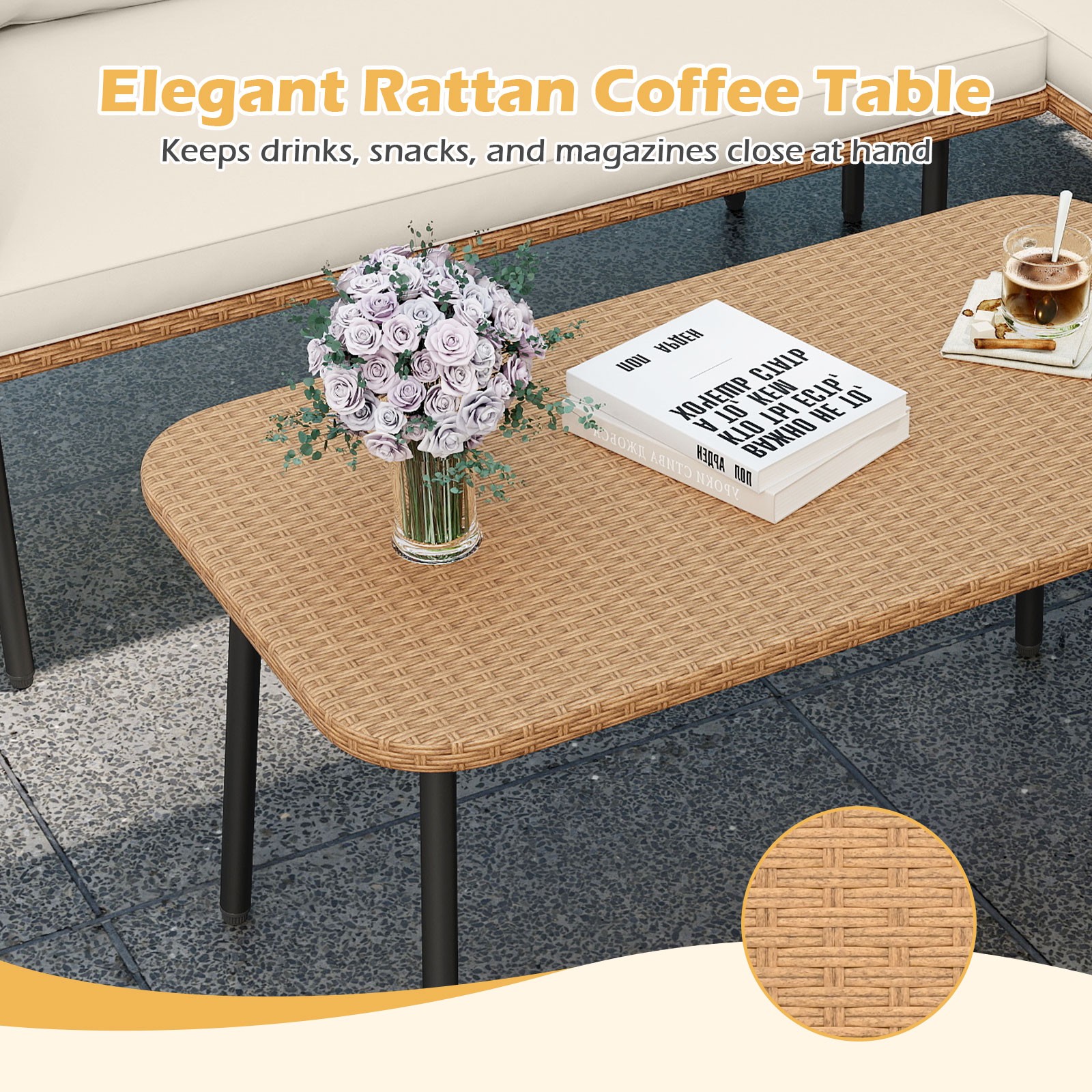 3 Pieces L-Shaped Patio Furniture Set with Coffee Table, Removable Cushions