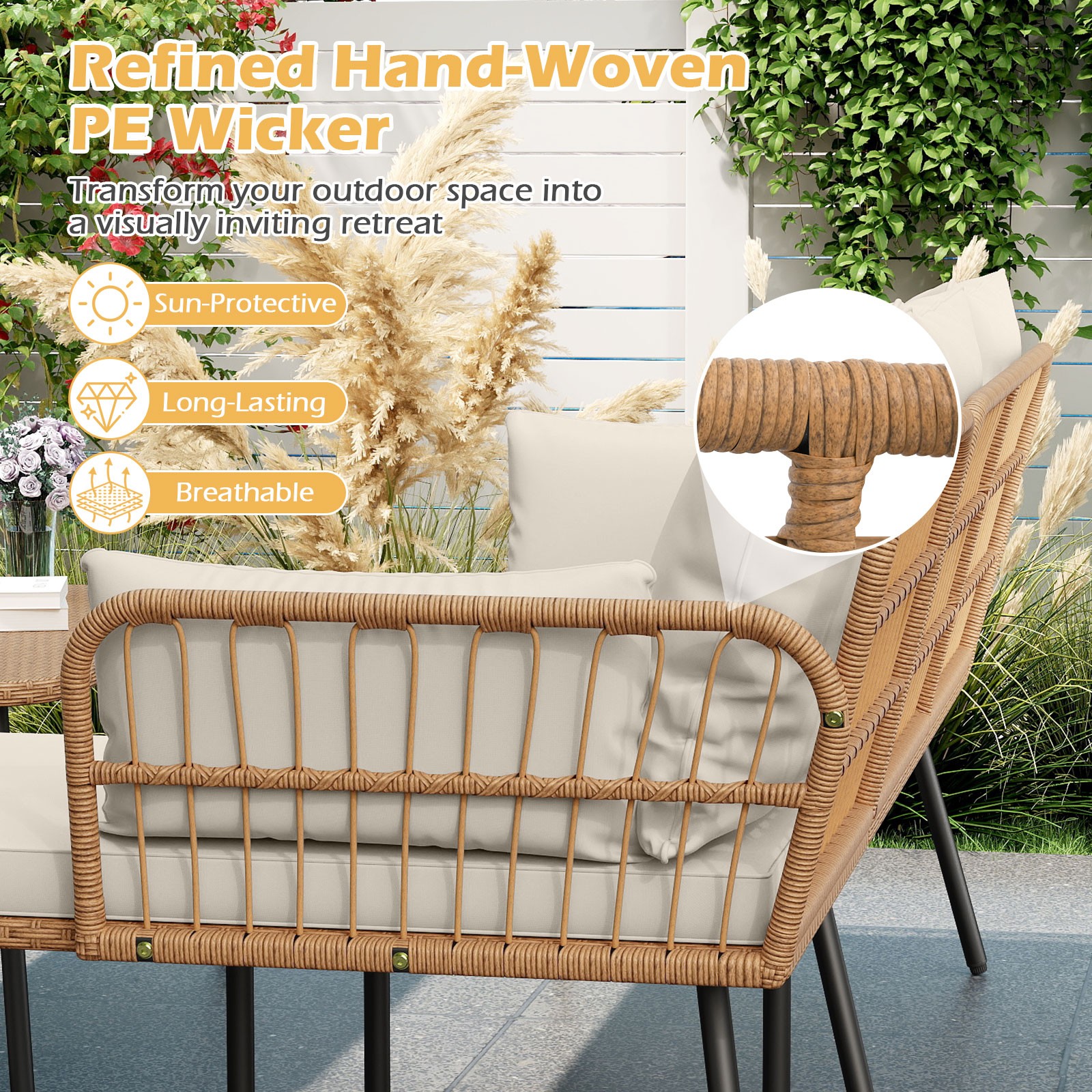 3 Pieces L-Shaped Patio Furniture Set with Coffee Table, Removable Cushions