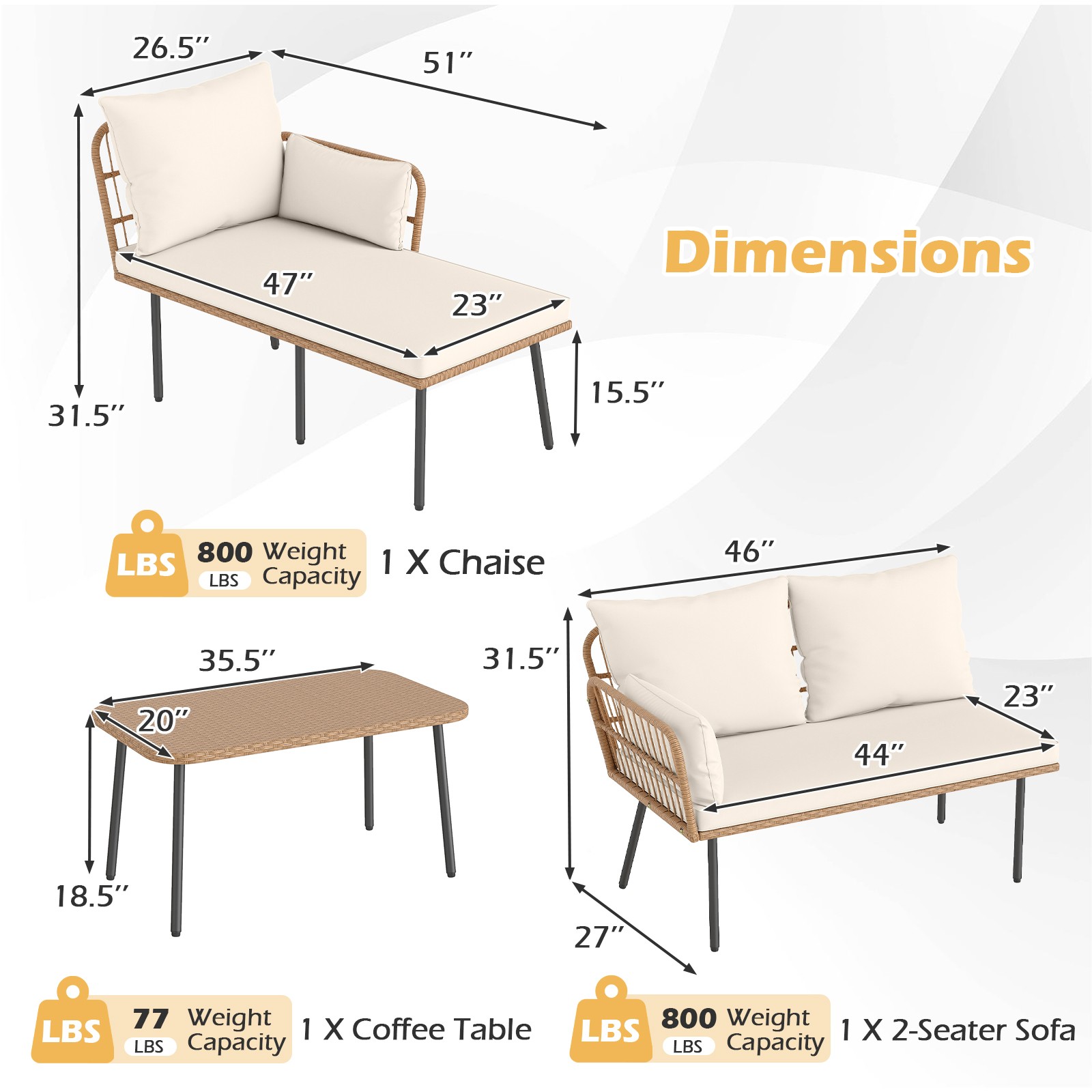 3 Pieces L-Shaped Patio Furniture Set with Coffee Table, Removable Cushions