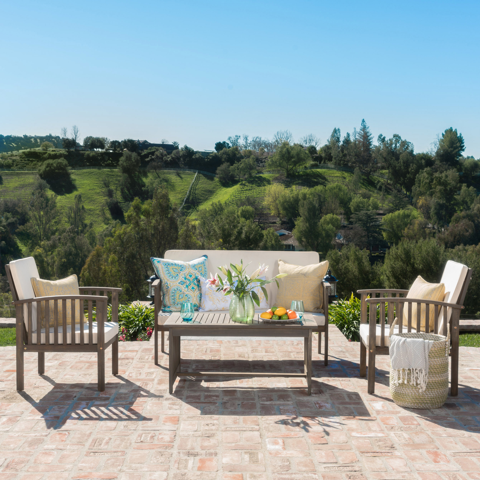 4 Pieces Wood Patio Furniture Set Outdoor Patio Conversation Set for Backyard