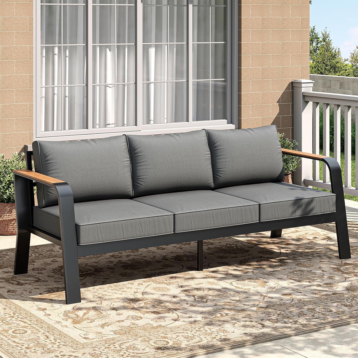 Outdoor Aluminum Patio Furniture 3-Seat All-Weather Metal Sofa w/ Cushion Garden