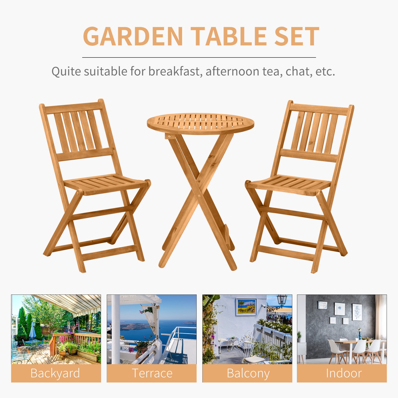 3 Piece Folding Acacia Wood Outdoor Patio Bistro Table and Chair Set
