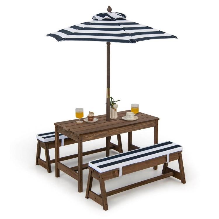 Kids Wooden Picnic Table Set Outdoor Bench Chairs Cushions Umbrella Navy White