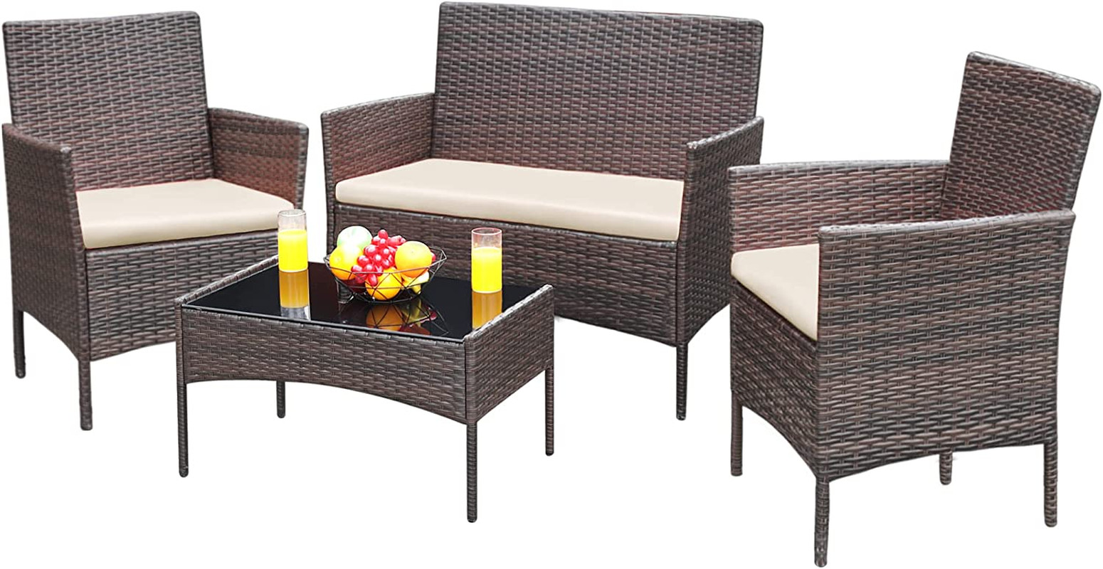 4-Piece Outdoor Wicker Conversation Set with Cushions & Glass Table, Brown/Beige