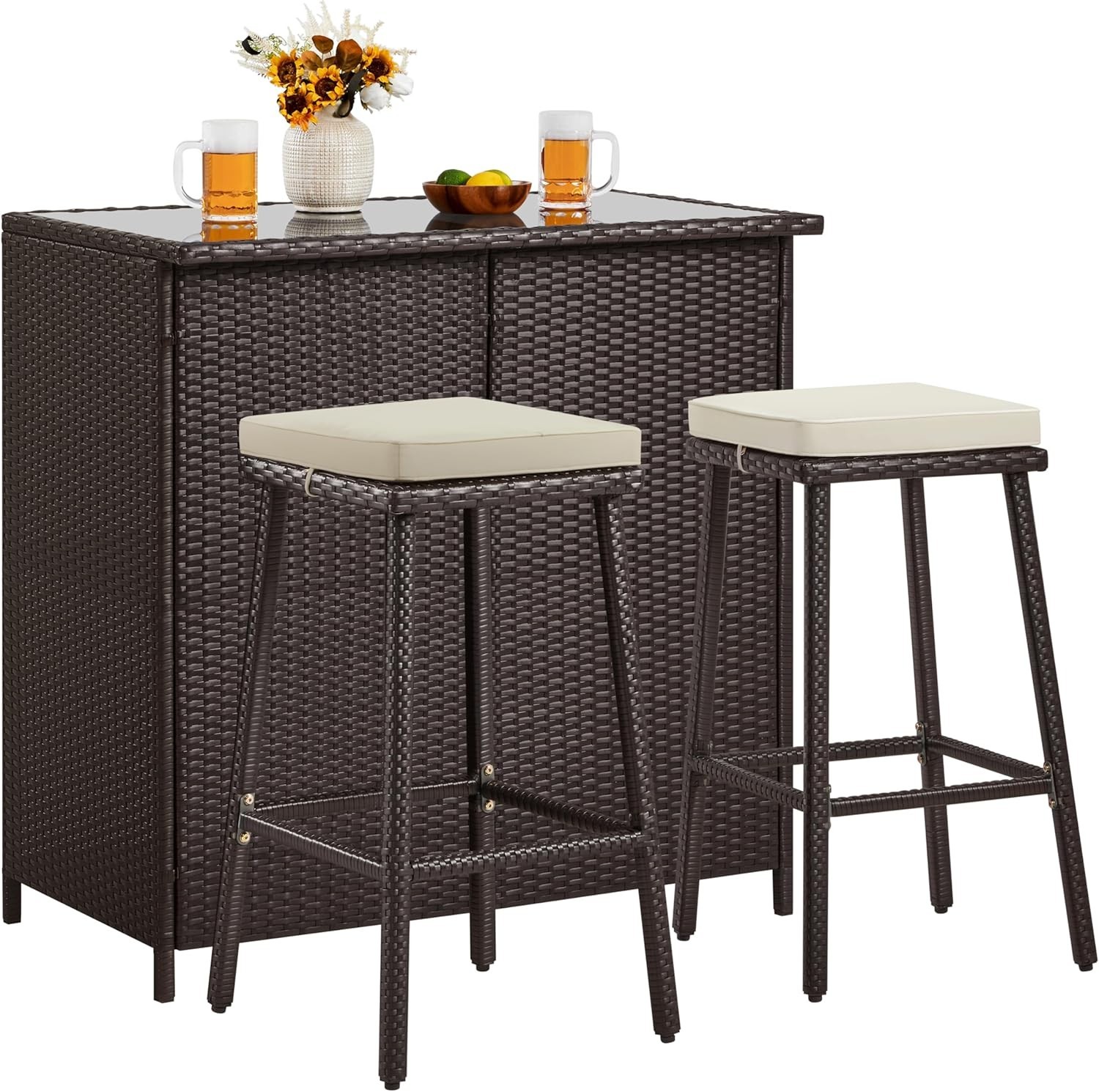 3Pcs Outdoor Patio Wicker Bar Furniture Set w/Glass Top Table&Cushions&2 Stools