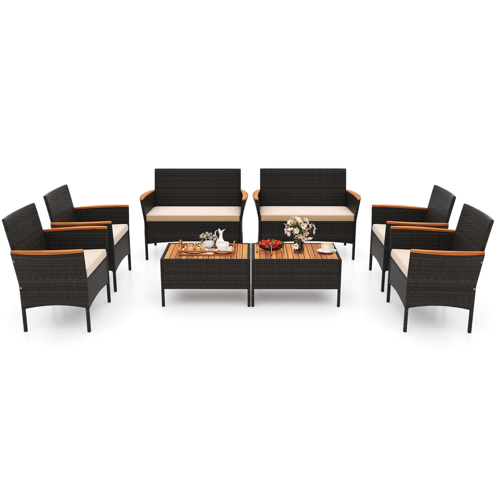 8 PCS Patio Wicker Sofa Set with Coffee Table Acacia Wood Armrests & Tabletop