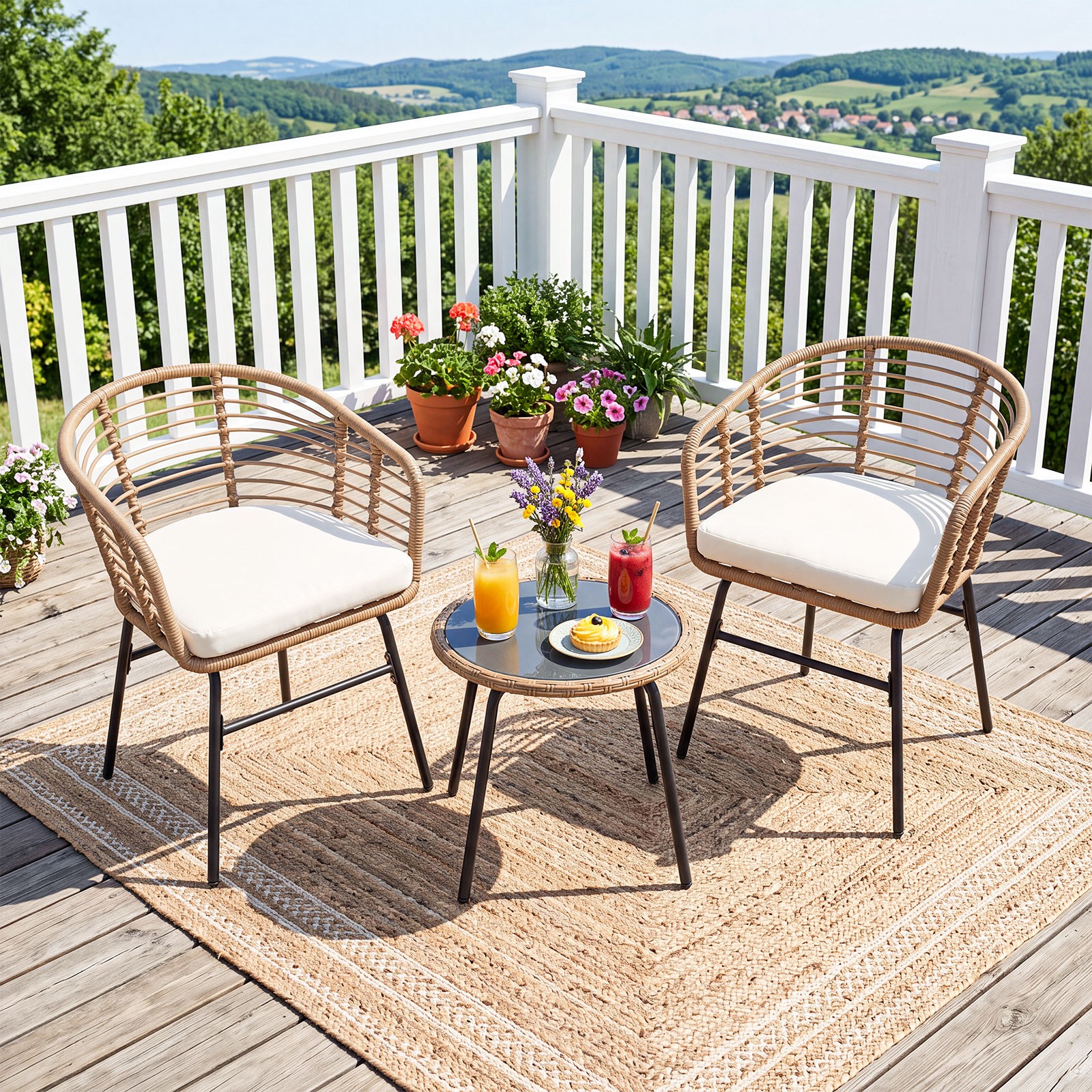 3 Pieces Patio Furniture Set with Tempered Glass Coffee Table and Soft Cushions