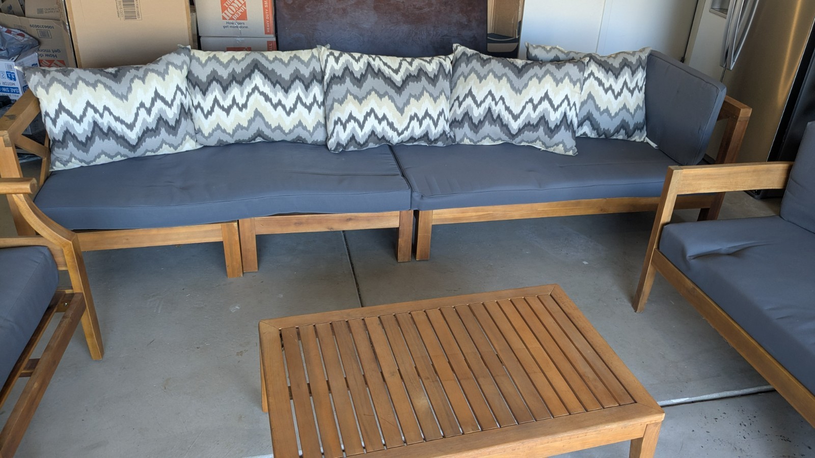 5-Piece Wooden Patio Furniture Set Gray Cushions Sofa Chairs Table