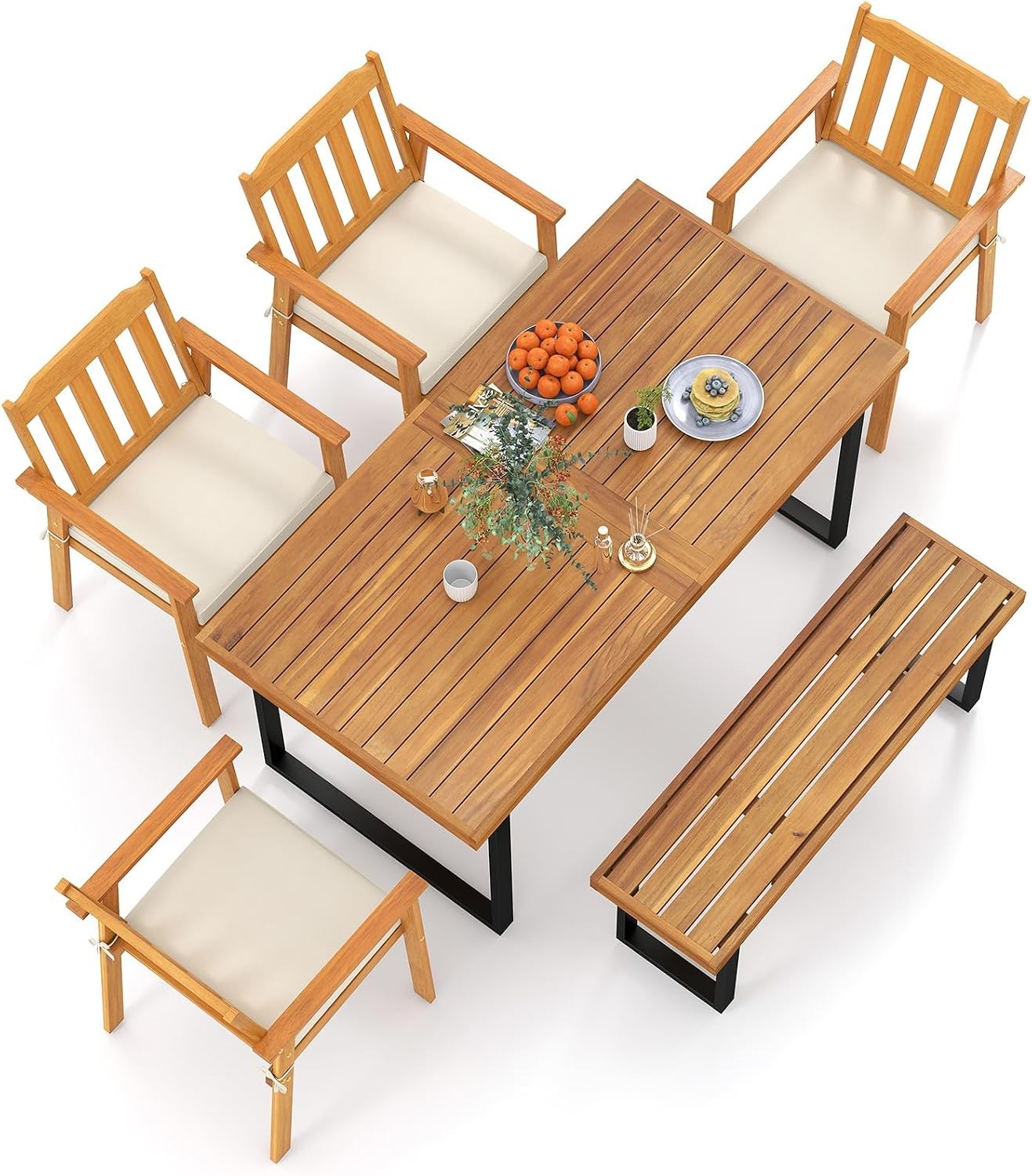 3 Pieces Patio Dining Table Set 63” Rectangle Acacia Wood Table W/ Umbrella Hole