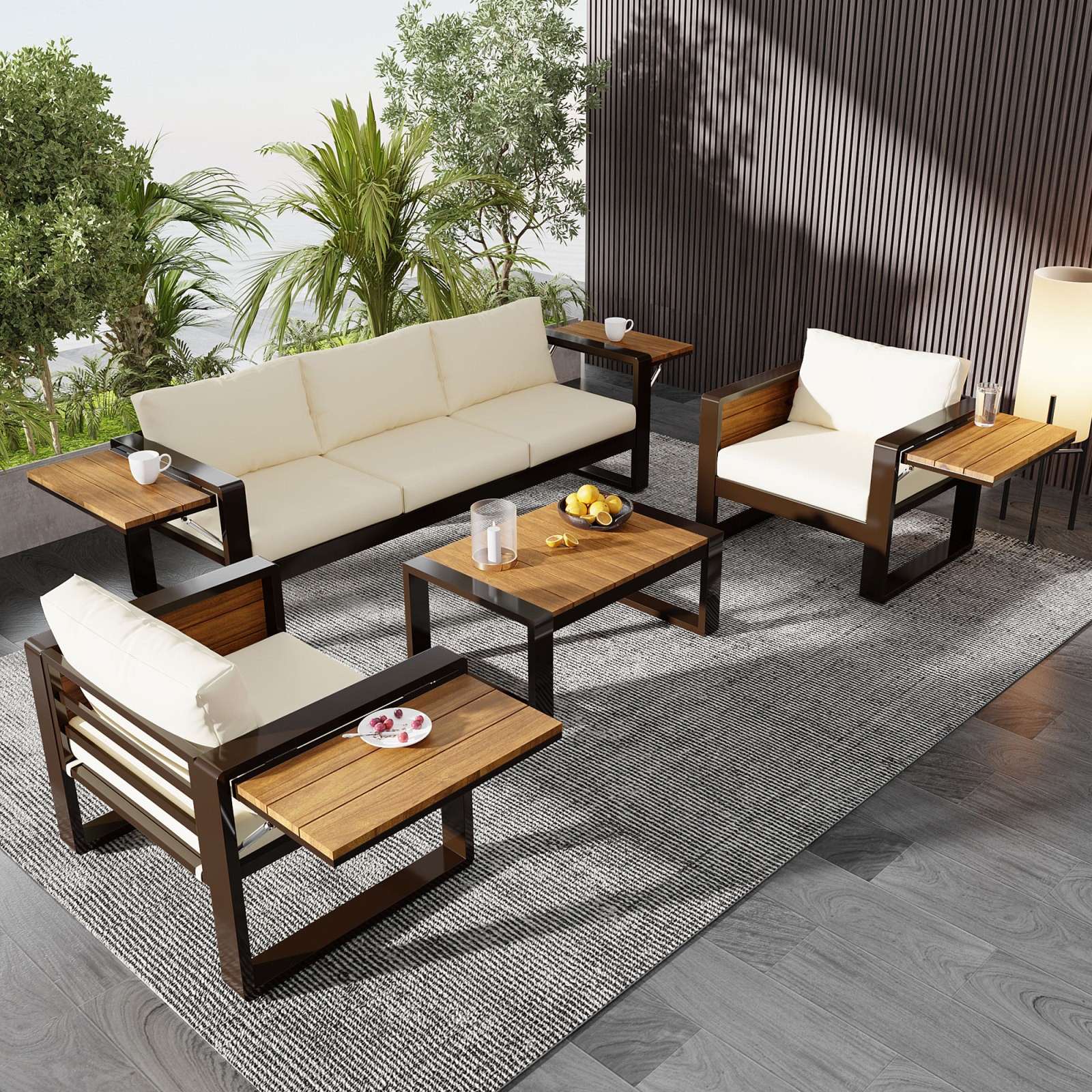 4-Piece Outdoor Patio Furniture Set, 3-Seater Sofa, 2 Armchairs, Beige
