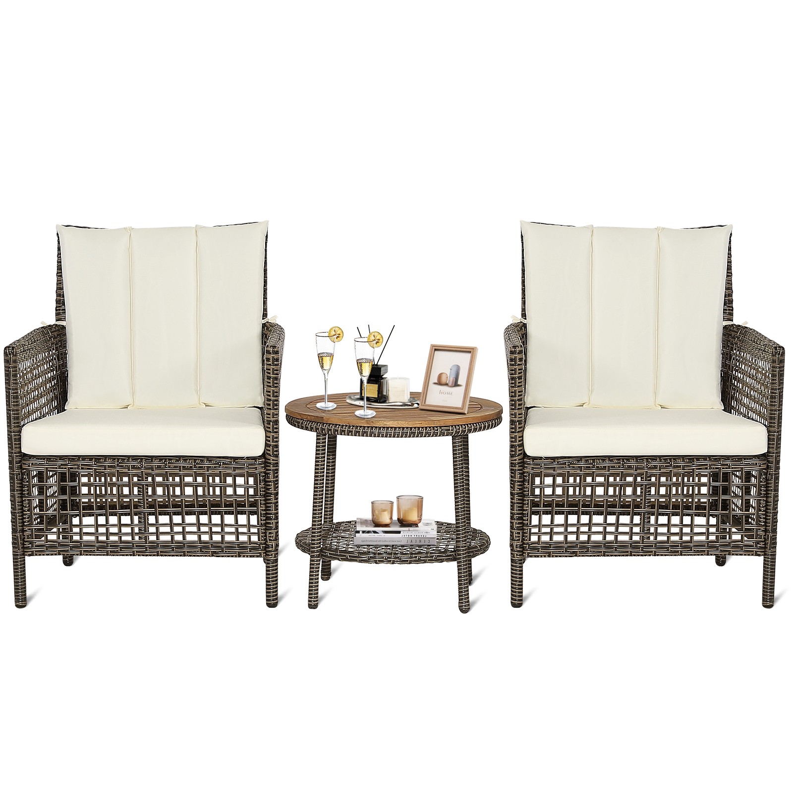 Patiojoy 3 PCS Patio Rattan Sofa Set w/Cozy Backrest & Curved Armrests Off White