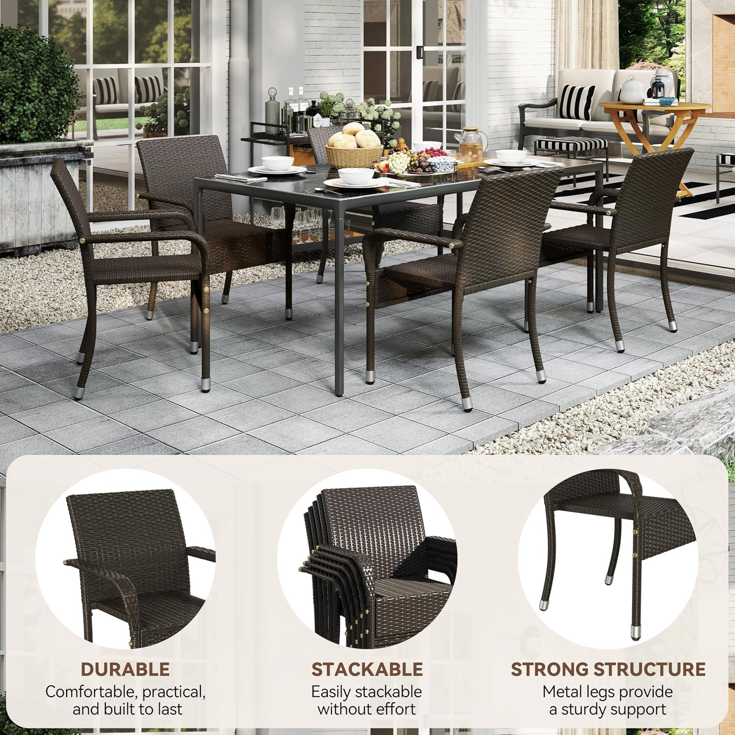 Set of 4 Stackable Outdoor Rattan Dining Chairs All-Weather Armchair w/Armrests