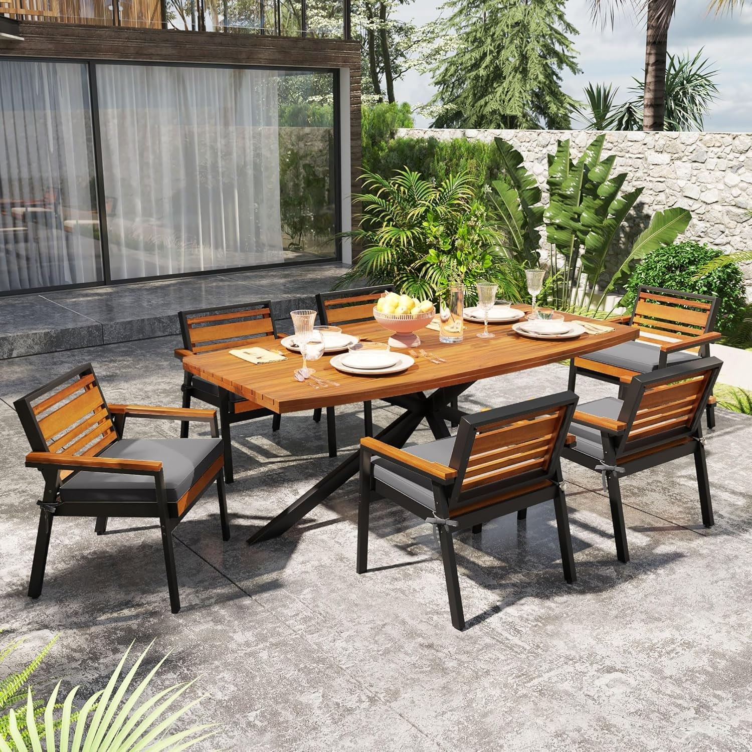 Outdoor Farmhouse Acacia Wood Dining Set of 7, Patio 74.8″ Large Kitchen Table,6