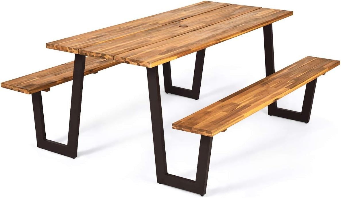 Picnic Table Bench Set W/ Umbrella Hole Outdoor Dining Table Set 70” Acacia
