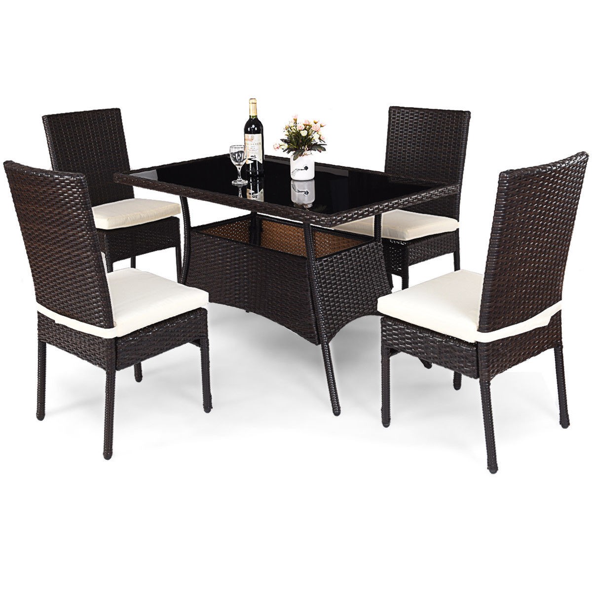 5 Piece Outdoor Patio Furniture Rattan Dining Table Cushioned Chairs Set