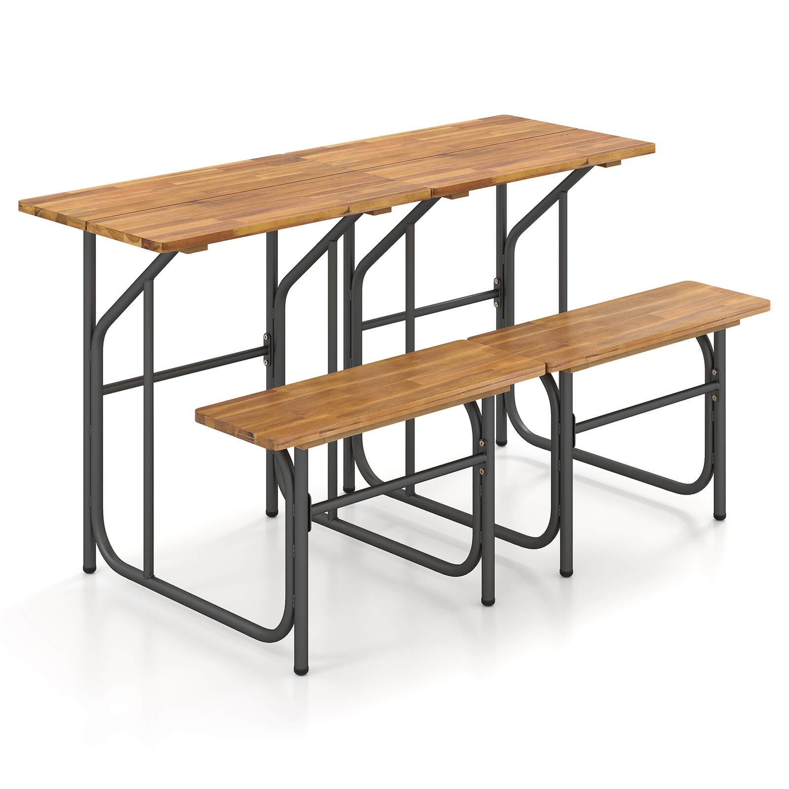 2PCS Patio Table Bench Set Picnic Table & Seat w/ Acacia Wood Top Metal Legs
