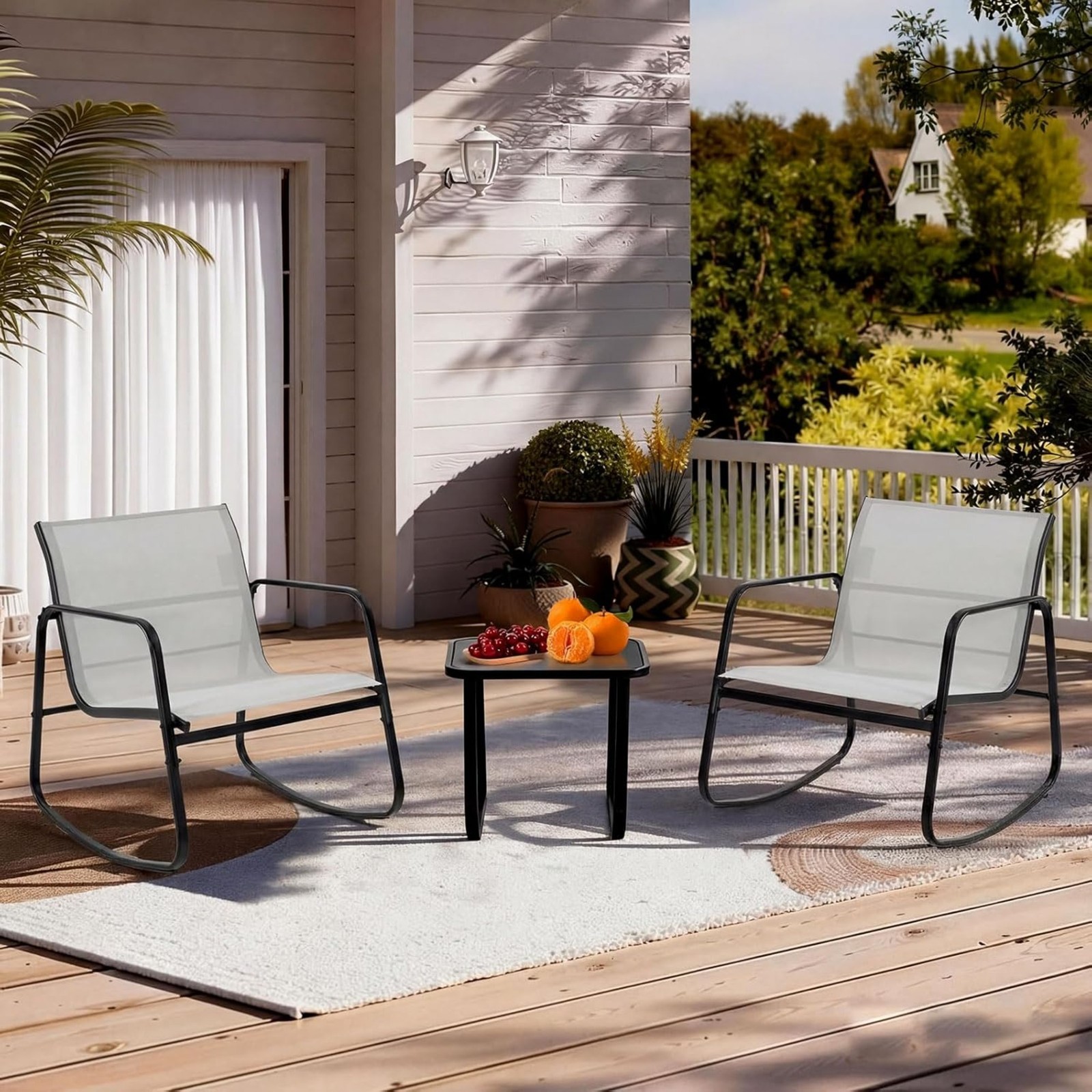 3 Piece Patio Rocking Furniture Set Outdoor Conversation Set w/ Table Gray Lawn.