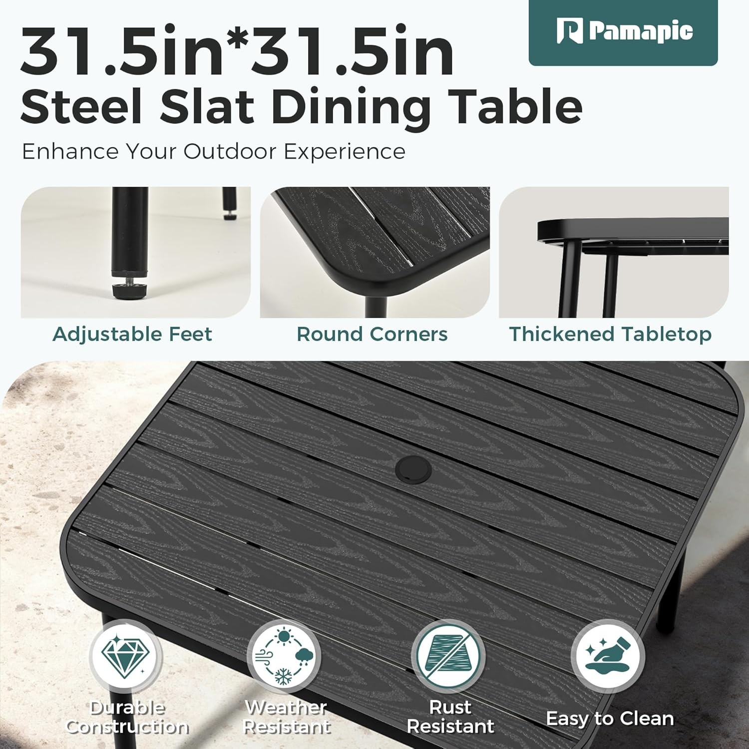 Outdoor Dining Sets for 4, Square Steel Slat Table with 4 Textilene Chairs, 5