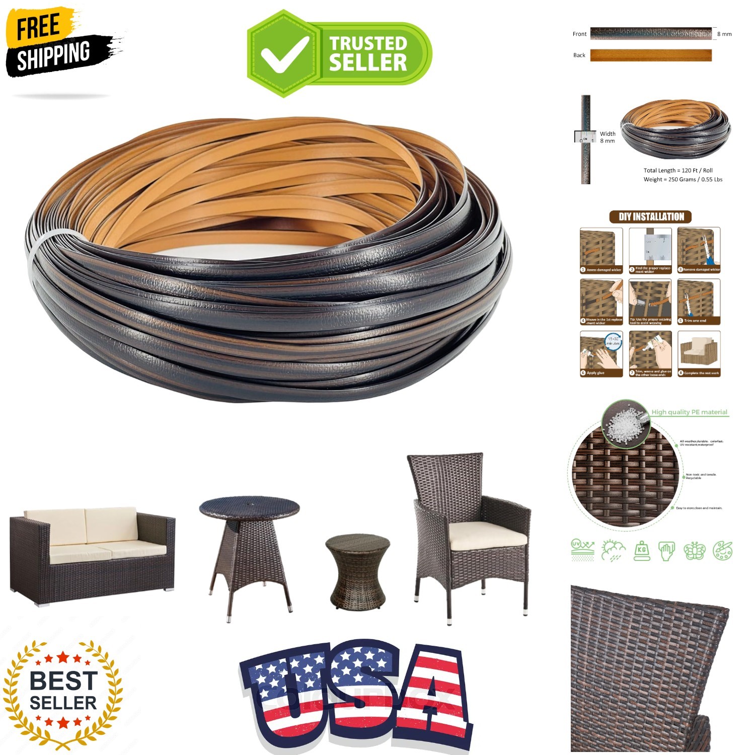 120 Ft Wicker Repair Kit, Plastic Wicker Repair Supplies, Mixed Dark Brown, S…