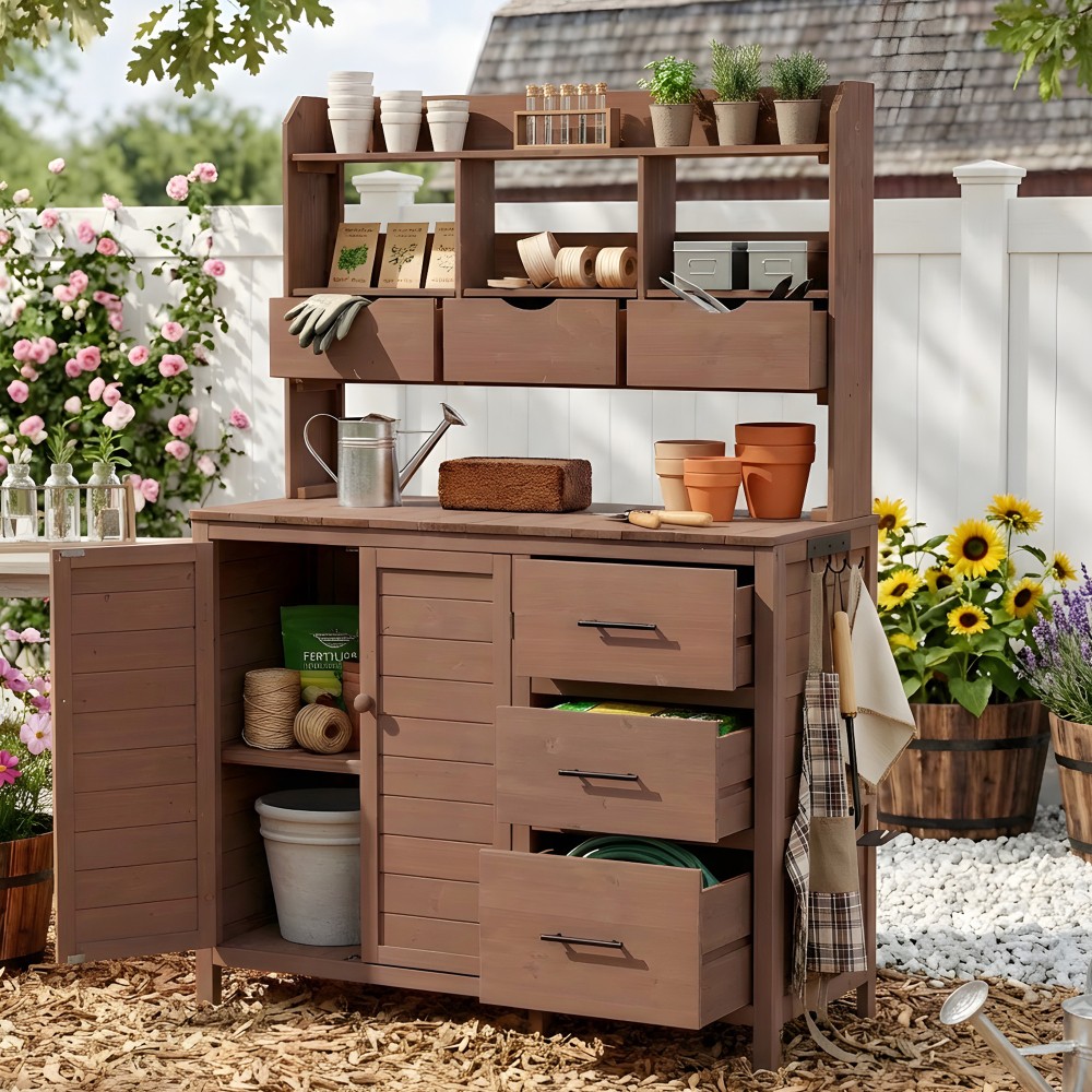 Rustic Wooden Farmhouse Potting Bench 44.6” Large Outdoor Garden Workstation