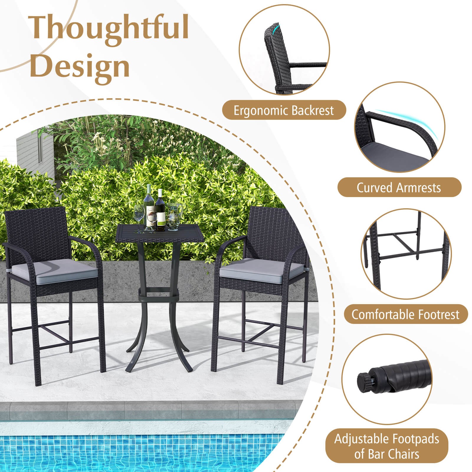 3 PCS Patio Wicker Bar Set Rattan Chairs & Square Table w/Heavy-Duty Metal Frame