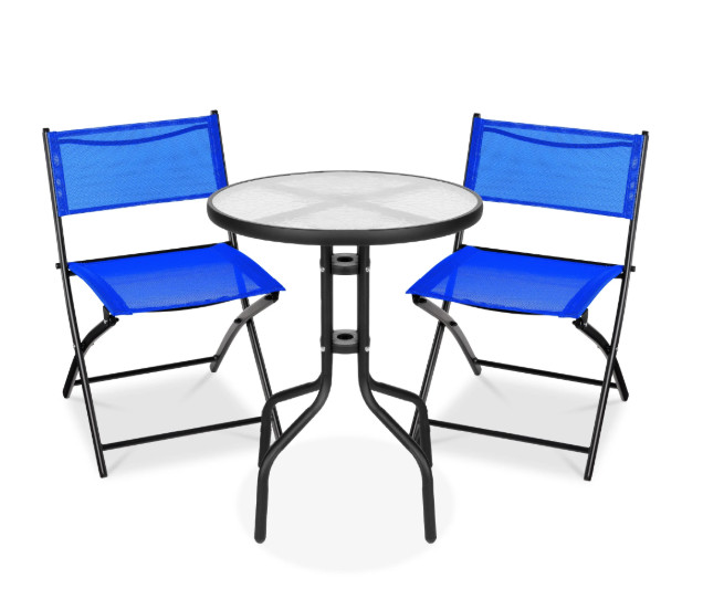 Best Choice Products 3pc Outdoor Bistro Set Tempered Glass Folding Resort Blue
